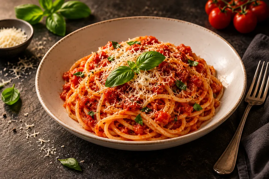 Spaghetti mit Tomatensauce und Basilikum – KI-generiertes Motiv